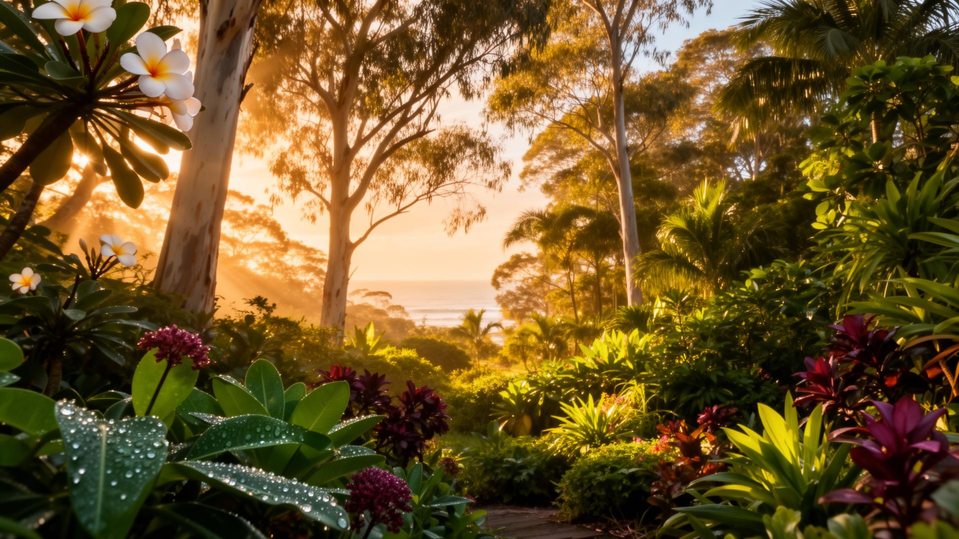 Thriving subtropical Noosa garden at golden hour
